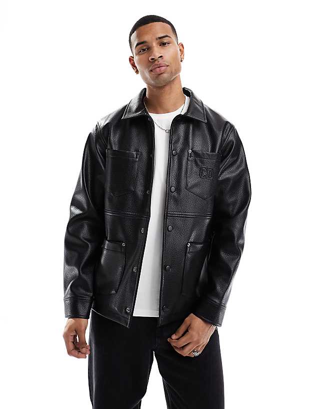 Asos Criminal Damage Leather Workwear Shirt Jacket Black In Black