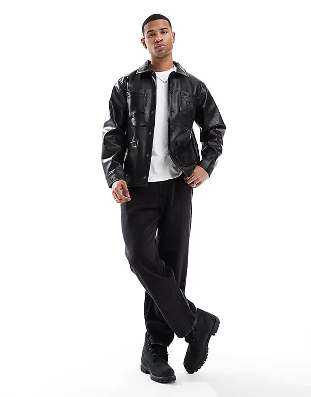 Asos Criminal Damage Leather Workwear Shirt Jacket Black In Black