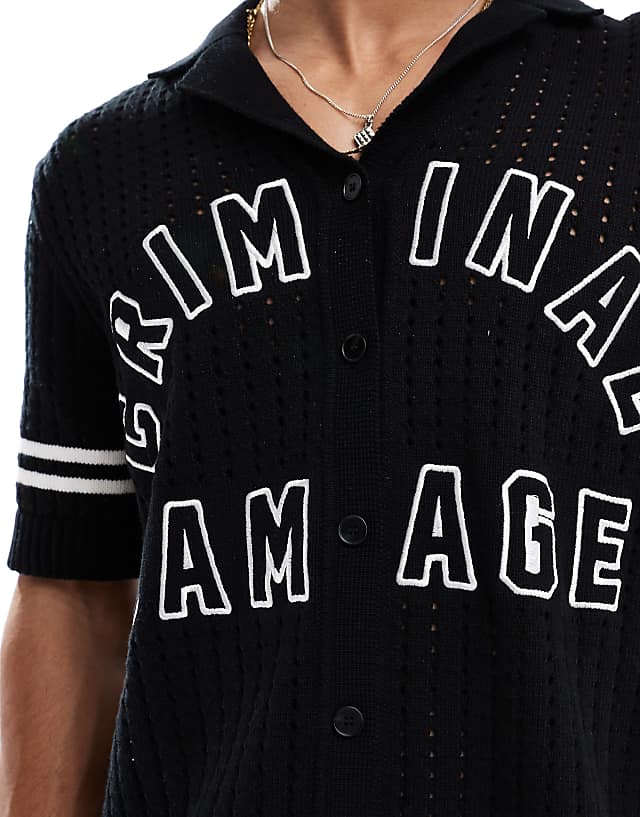 Asos Criminal Damage Pointelle Revere Collar Shirt In Black