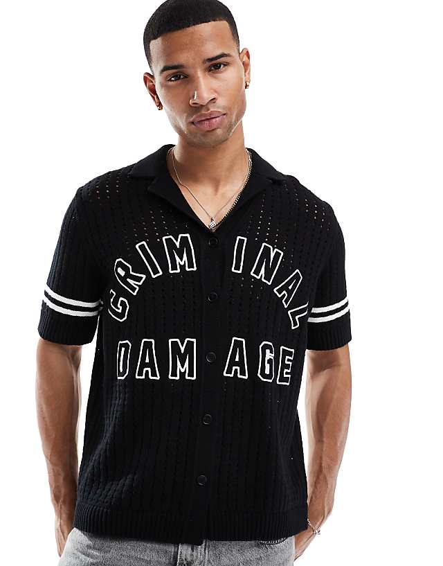 asos Criminal Damage Pointelle revere collar shirt in black