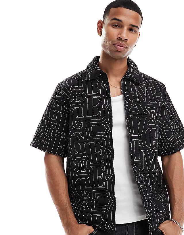 asos Criminal Damage Quilt embroidery zip shirt in black