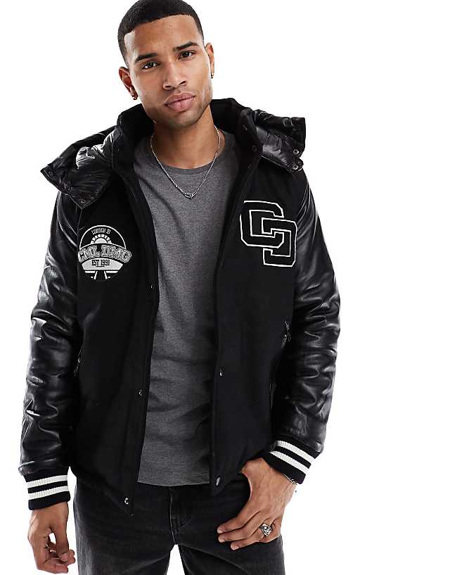 asos Criminal Damage Varsity puffer jacket black in black