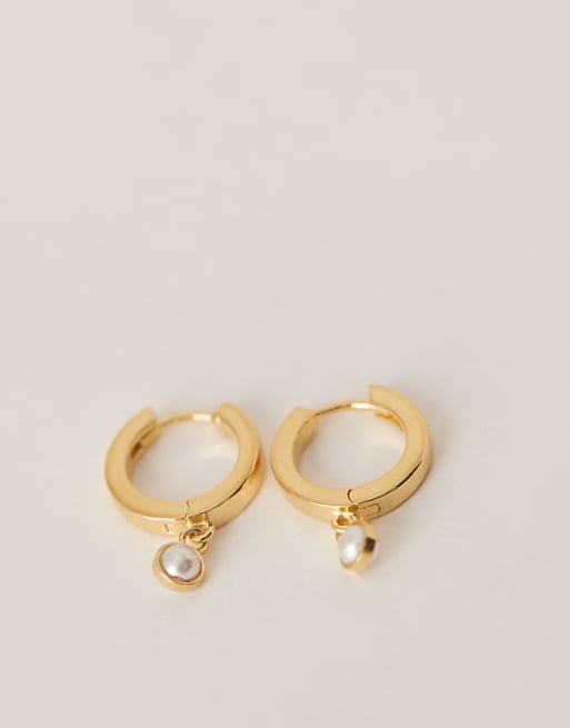 Asos Daisy London Faux Pearl Drop Hoop Earrings In 18ct Gold Plated Brass