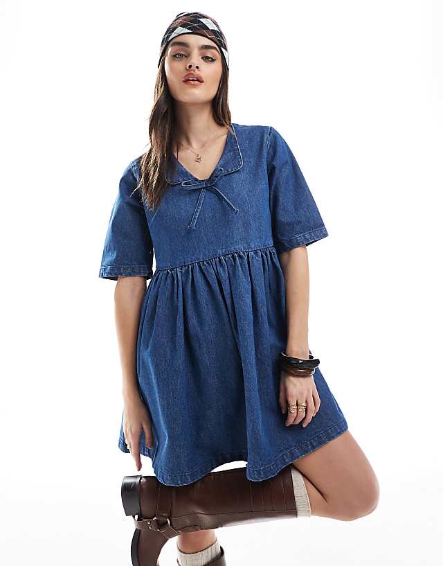 Asos Daisy Street Denim Smock Mini Dress In Vintage Blue