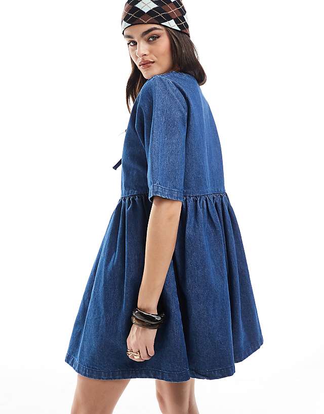 Asos Daisy Street Denim Smock Mini Dress In Vintage Blue