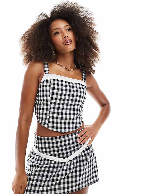 Asos Daisy Street Gingham Corset Top With Broderie Edge In Black Co-ord
