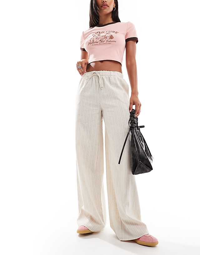 Asos Daisy Street Mid Rise Wide Leg Trouser In Beige Linen Stripe