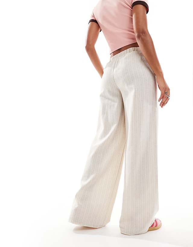 Asos Daisy Street Mid Rise Wide Leg Trouser In Beige Linen Stripe