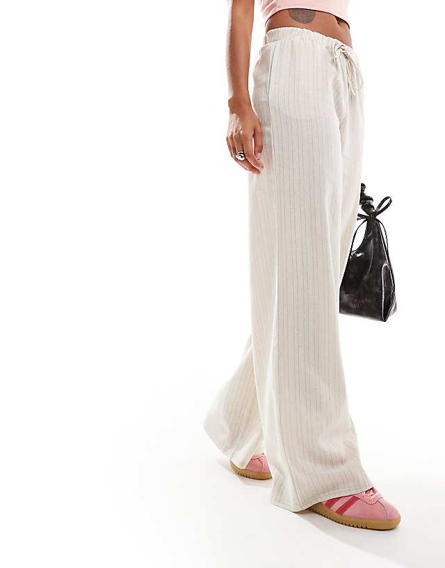 asos Daisy Street mid rise wide leg trouser in beige linen stripe