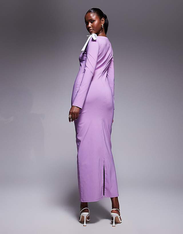 Asos Daska Bow Shoulder Maxi Dress In Lilac And White