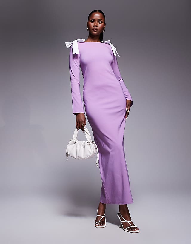 asos Daska bow shoulder maxi dress in lilac and white