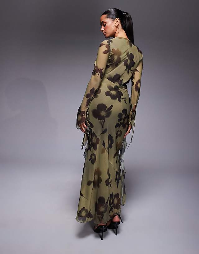 Asos Daska Chiffon Maxi Dress With Frill Details In Abstract Print