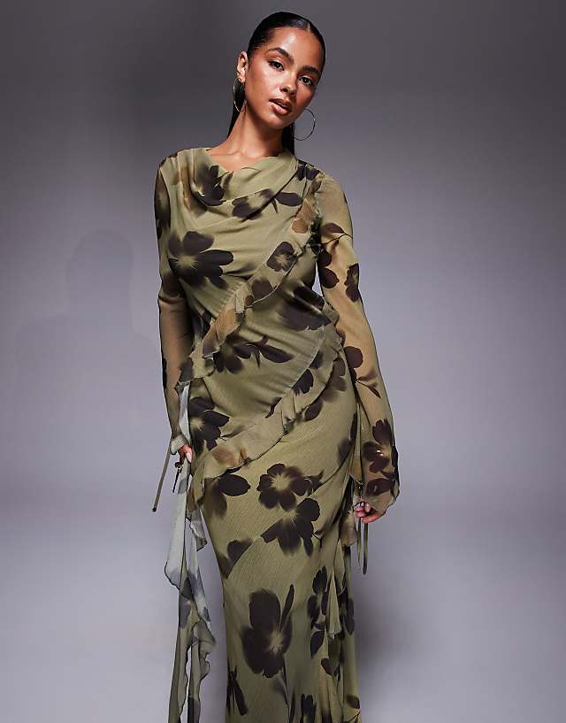 Asos Daska Chiffon Maxi Dress With Frill Details In Abstract Print