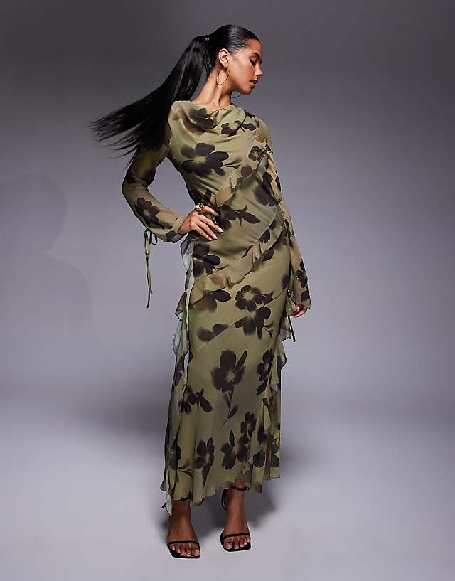 asos Daska chiffon maxi dress with frill details in abstract print