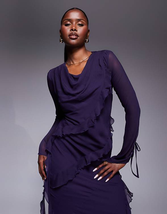 Asos Daska Chiffon Maxi Dress With Frill Details In Purple