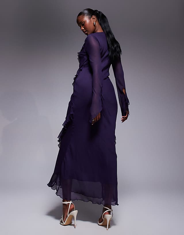 Asos Daska Chiffon Maxi Dress With Frill Details In Purple
