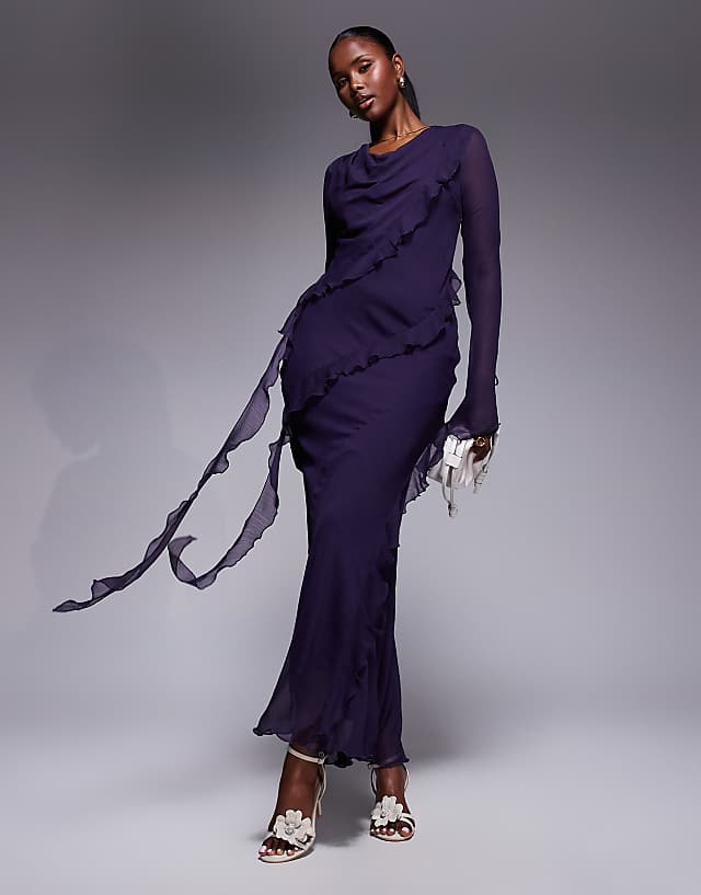 asos Daska chiffon maxi dress with frill details in purple