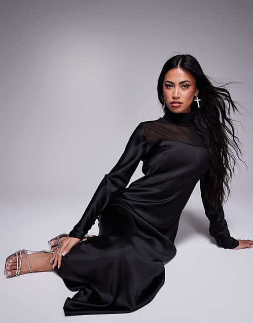 Asos Daska High Neck Satin Dress With Sheer Details In Black