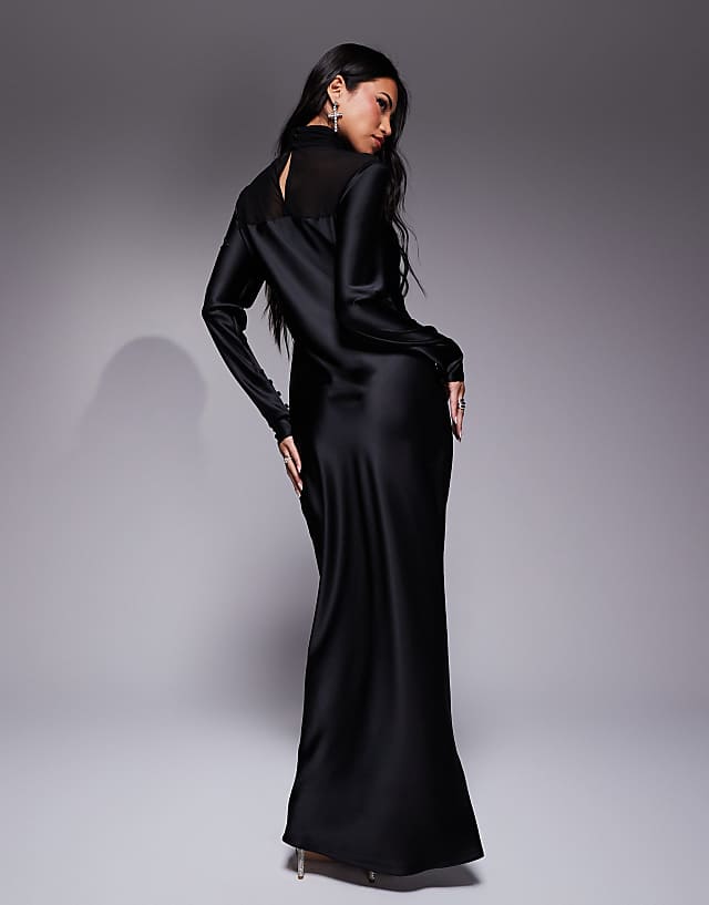 Asos Daska High Neck Satin Dress With Sheer Details In Black
