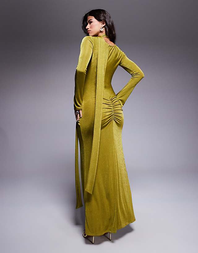Asos Daska Ruched Maxi Dress With Waist And Neck Tie Detail In Lime Green