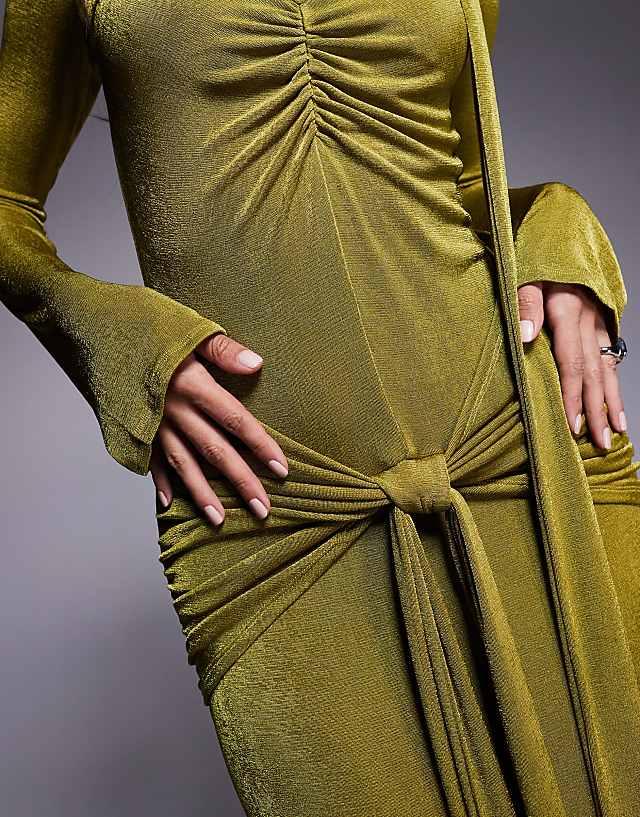 Asos Daska Ruched Maxi Dress With Waist And Neck Tie Detail In Lime Green