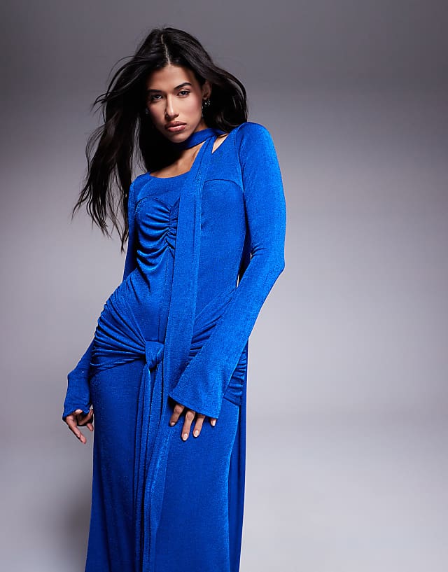 Asos Daska Ruched Maxi Dress With Waist And Neck Tie Detail In Calbalt