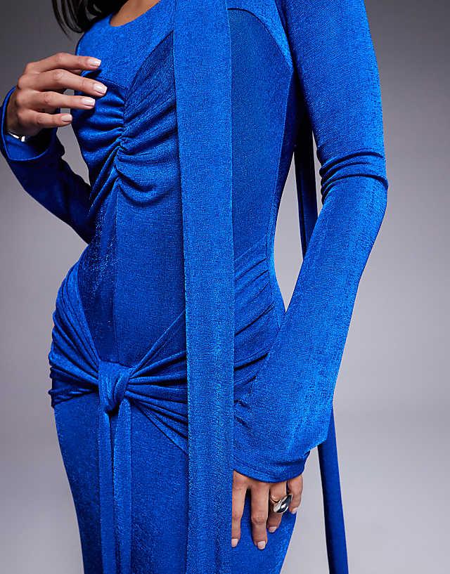 Asos Daska Ruched Maxi Dress With Waist And Neck Tie Detail In Calbalt