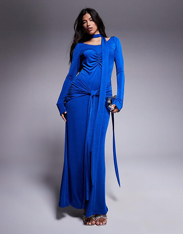asos Daska ruched maxi dress with waist and neck tie detail in calbalt