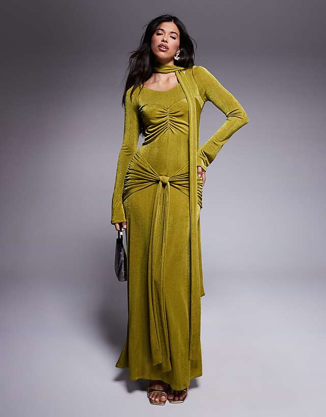 asos Daska ruched maxi dress with waist and neck tie detail in lime green