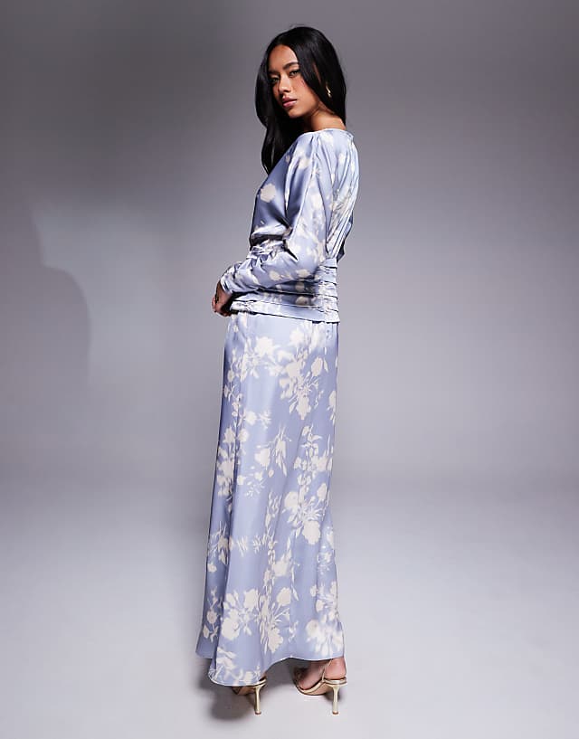 Asos Daska Satin Batwing Maxi Dress In Soft Blue Floral Print