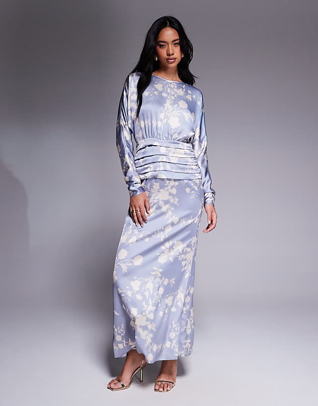 Asos Daska Satin Batwing Maxi Dress In Soft Blue Floral Print