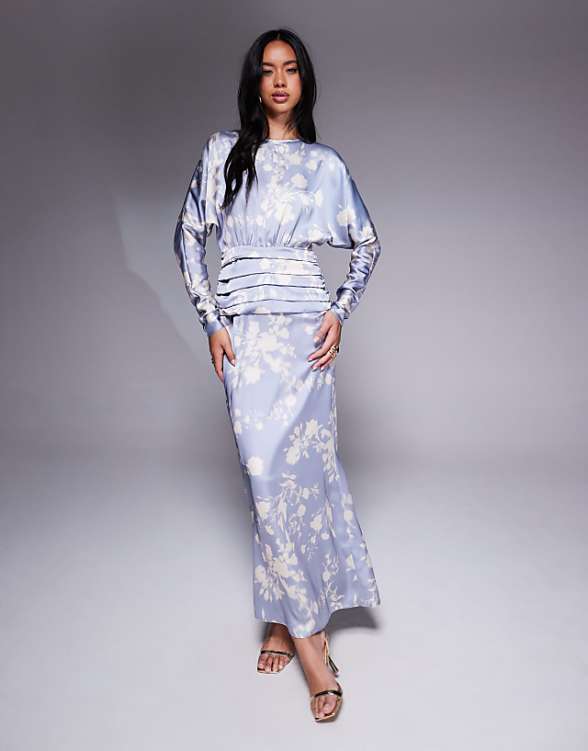 asos Daska satin batwing maxi dress in soft blue floral print