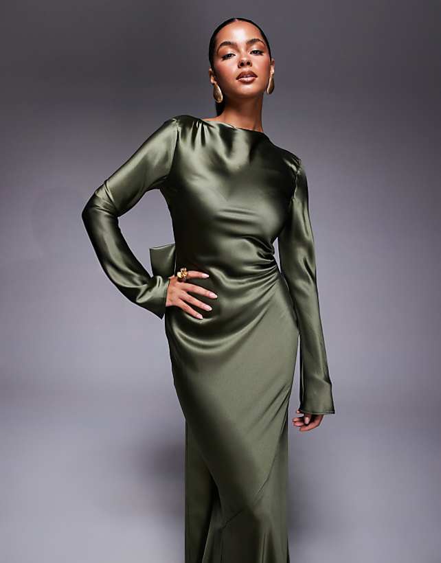 Asos Daska Satin Maxi Dress With Exaggerated Bow Back In Khaki