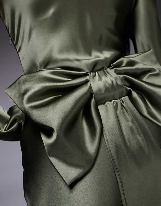 Asos Daska Satin Maxi Dress With Exaggerated Bow Back In Khaki