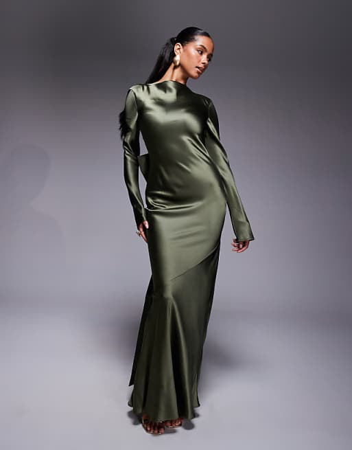 Asos Daska Satin Maxi Dress With Exaggerated Bow Back In Khaki