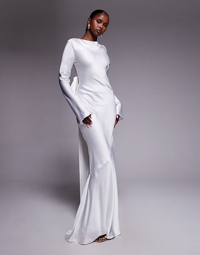 Asos Daska Satin Maxi Dress With Exaggerated Bow Back In Ivory