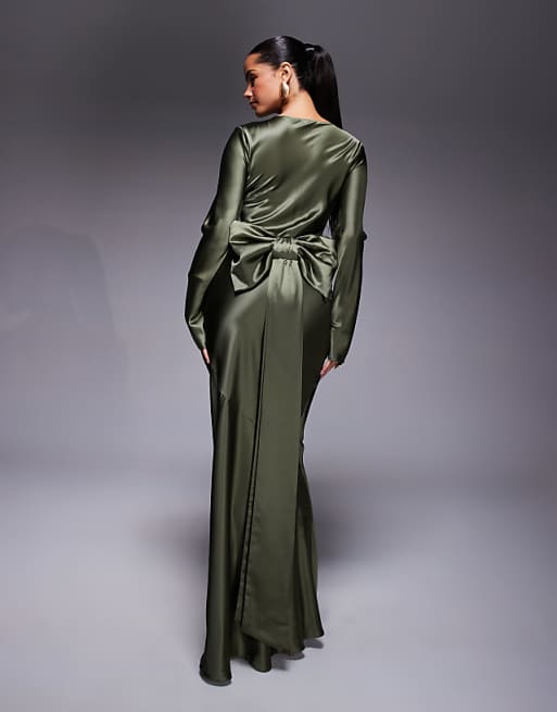 asos Daska satin maxi dress with exaggerated bow back in khaki