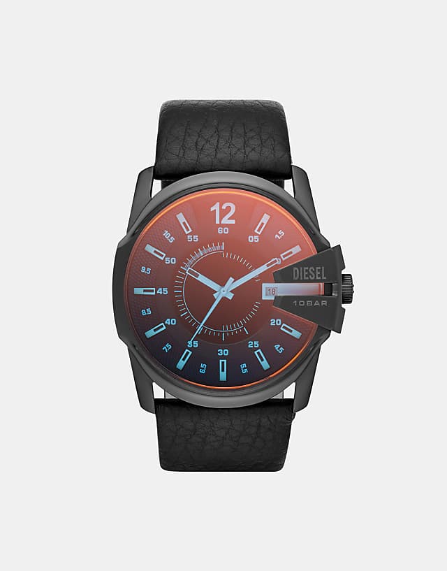 asos Diesel Men's master chief three-hand date black leather watch- BLACK