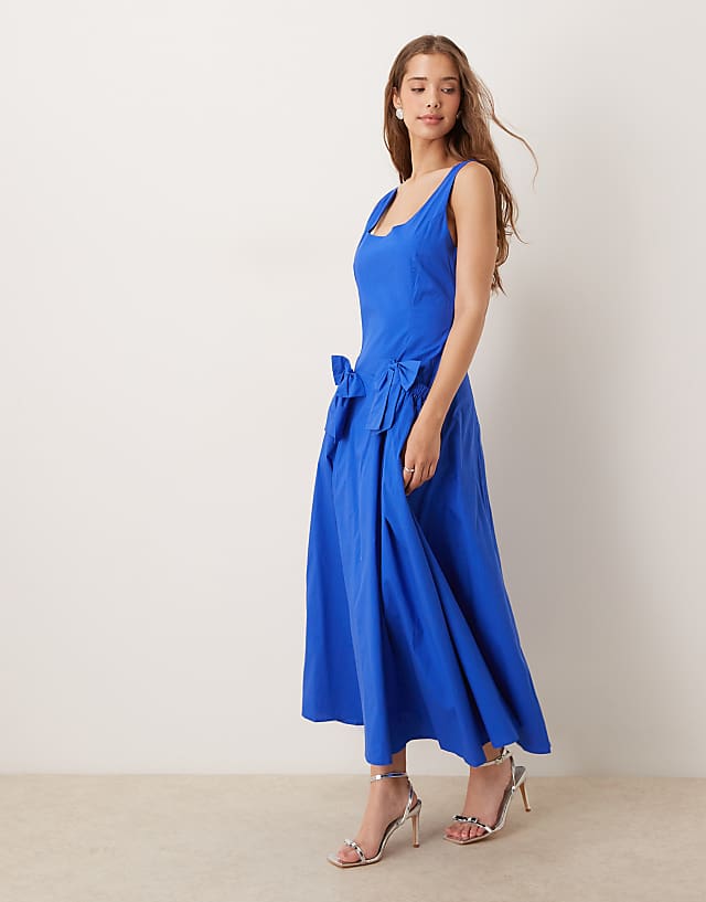 Asos Dream Sister Jane Drop Hem Bow Midaxi Dress In Cobalt