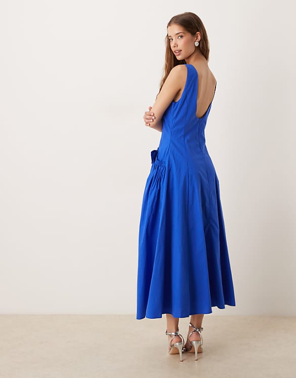 Asos Dream Sister Jane Drop Hem Bow Midaxi Dress In Cobalt