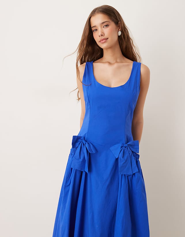asos Dream Sister Jane drop hem bow midaxi dress in cobalt