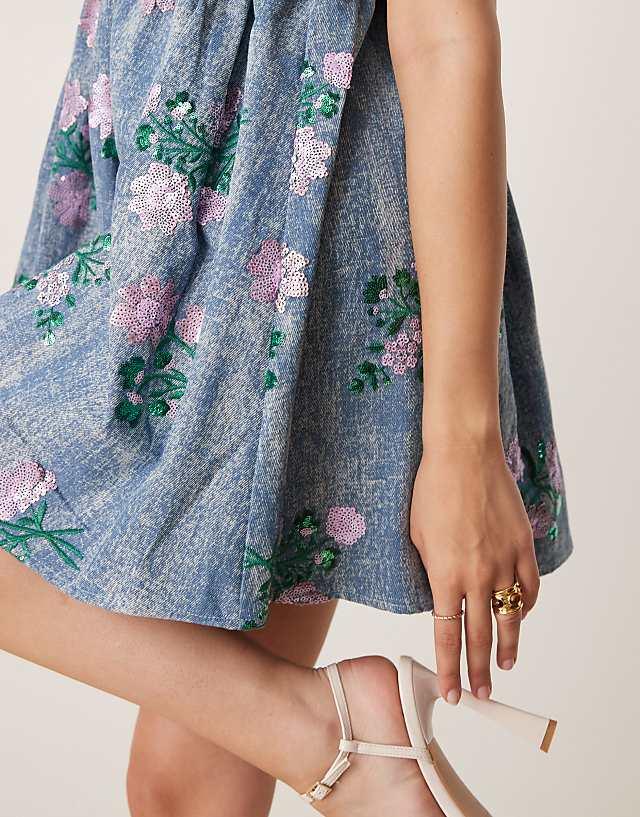 Asos Dream Sister Jane Floral Embellished Smock Mini Dress In Denim Blue