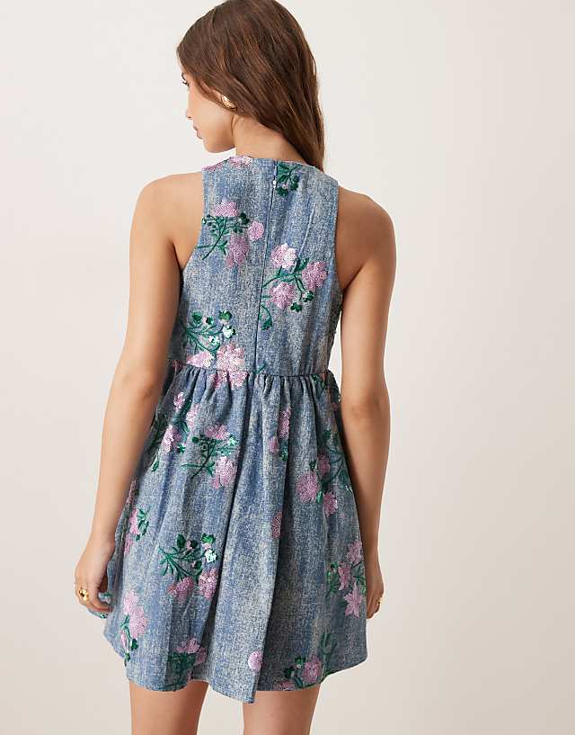 Asos Dream Sister Jane Floral Embellished Smock Mini Dress In Denim Blue