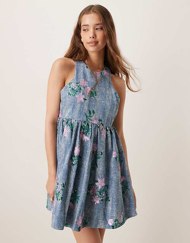 Asos Dream Sister Jane Floral Embellished Smock Mini Dress In Denim Blue