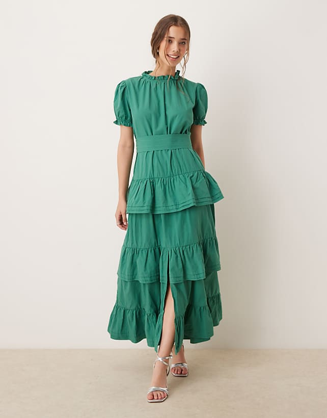 asos Dream Sister Jane puff sleeve tiered maxi dress in green