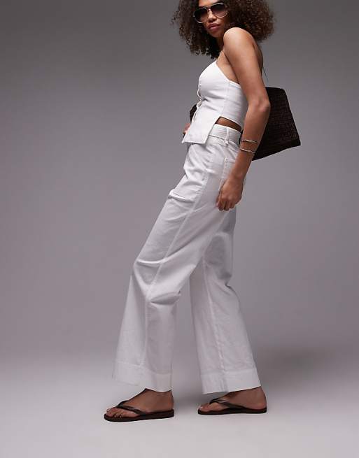 Asos Emory Park Belt Detail Wide Leg Linen Trouser Co-ord In White