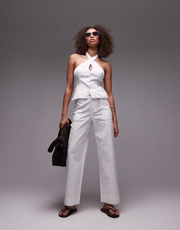 asos Emory Park belt detail wide leg linen trouser co-ord in white