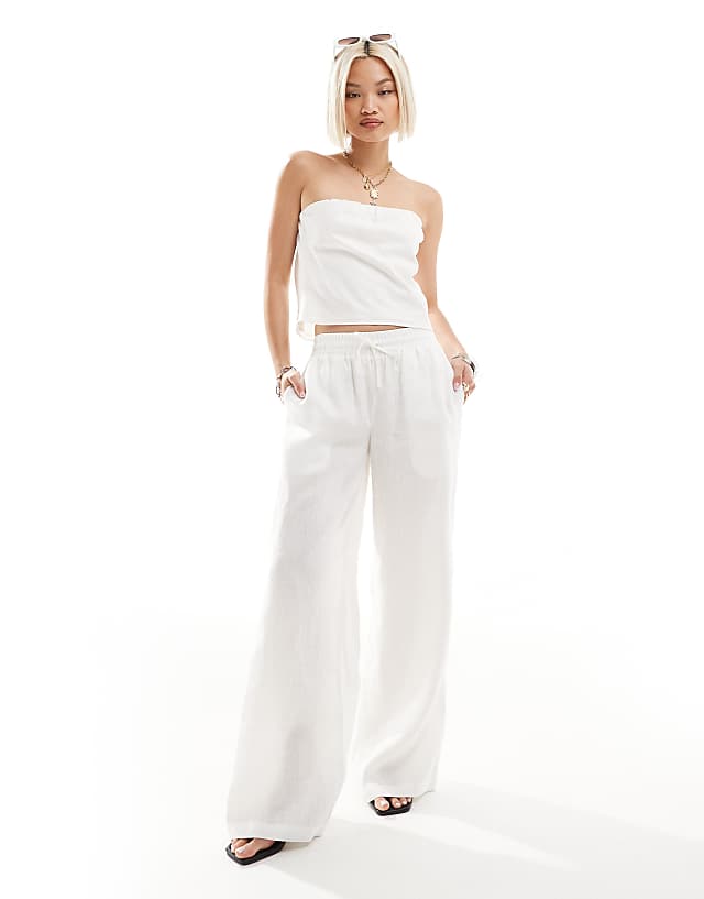 Asos Emory Park Linen Style Wide Leg Trousers In White Co-ord