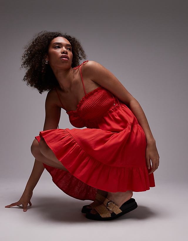 Asos Emory Park Tie Shoulder Linen Tiered Mini Dress In Red