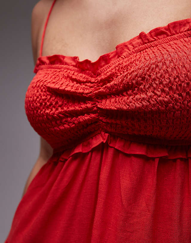 Asos Emory Park Tie Shoulder Linen Tiered Mini Dress In Red